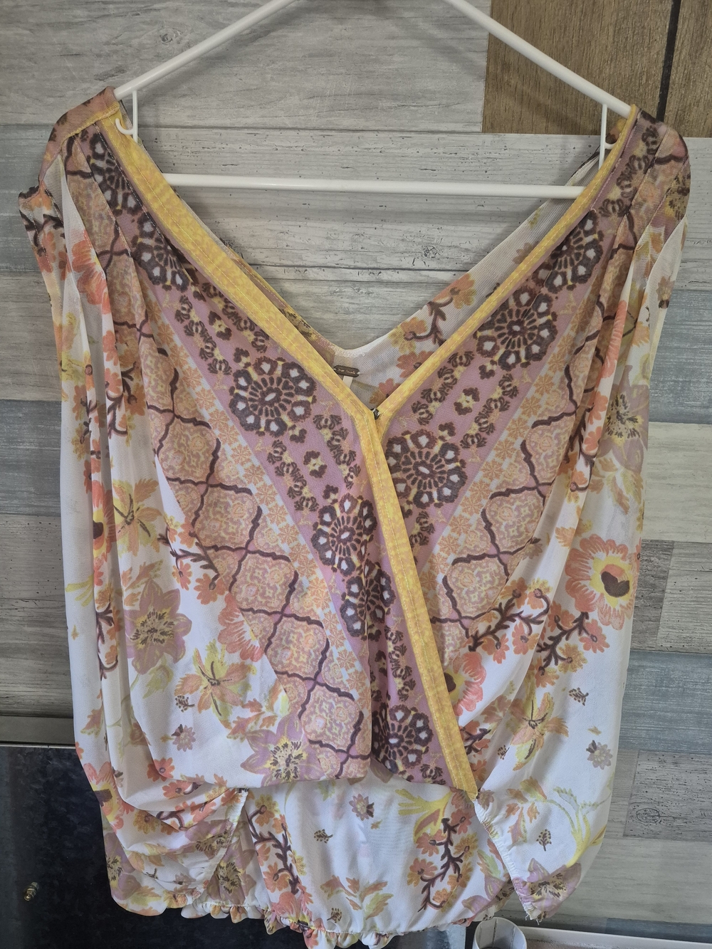 FREE PEOPLE Havana Sheer Floral Crossover V-neck Top Yellow Orange Boho Size LG